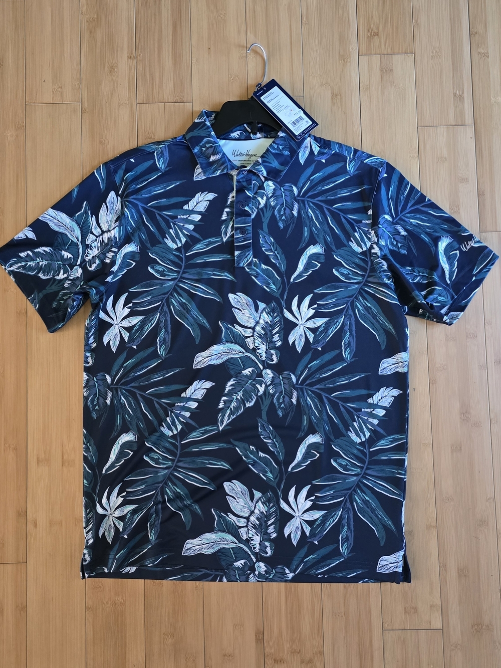 Walter Hagen Men's Navy Blue Tropical Leaf Polo